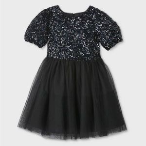 Cat & Jack Girls' Puff Sleeve Sequin Tulle Dress, Size Small (6/6X)